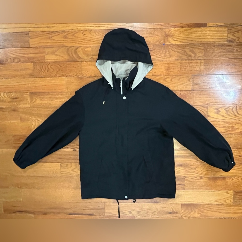 Gallery Black Hooded Rain Jacket Lightweight Zip Front Men's Small Preowned